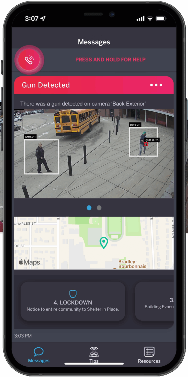 Iphone screen displaying the Omnilert Gun Detect app.