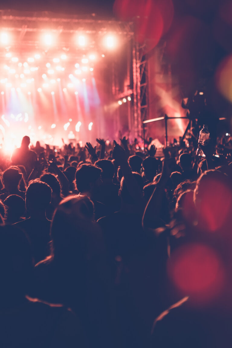 Silhouettes of concert crowd in front of bright stage lights